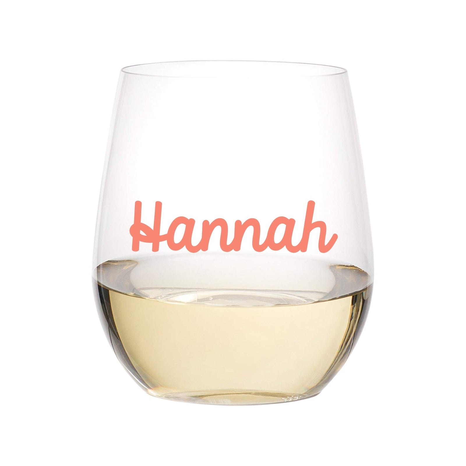 An acrylic wine glass reads "Hannah" on the front in cursive