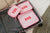 Three pink seersucker packing cubes lay flat showing off their pink embroidered monograms.