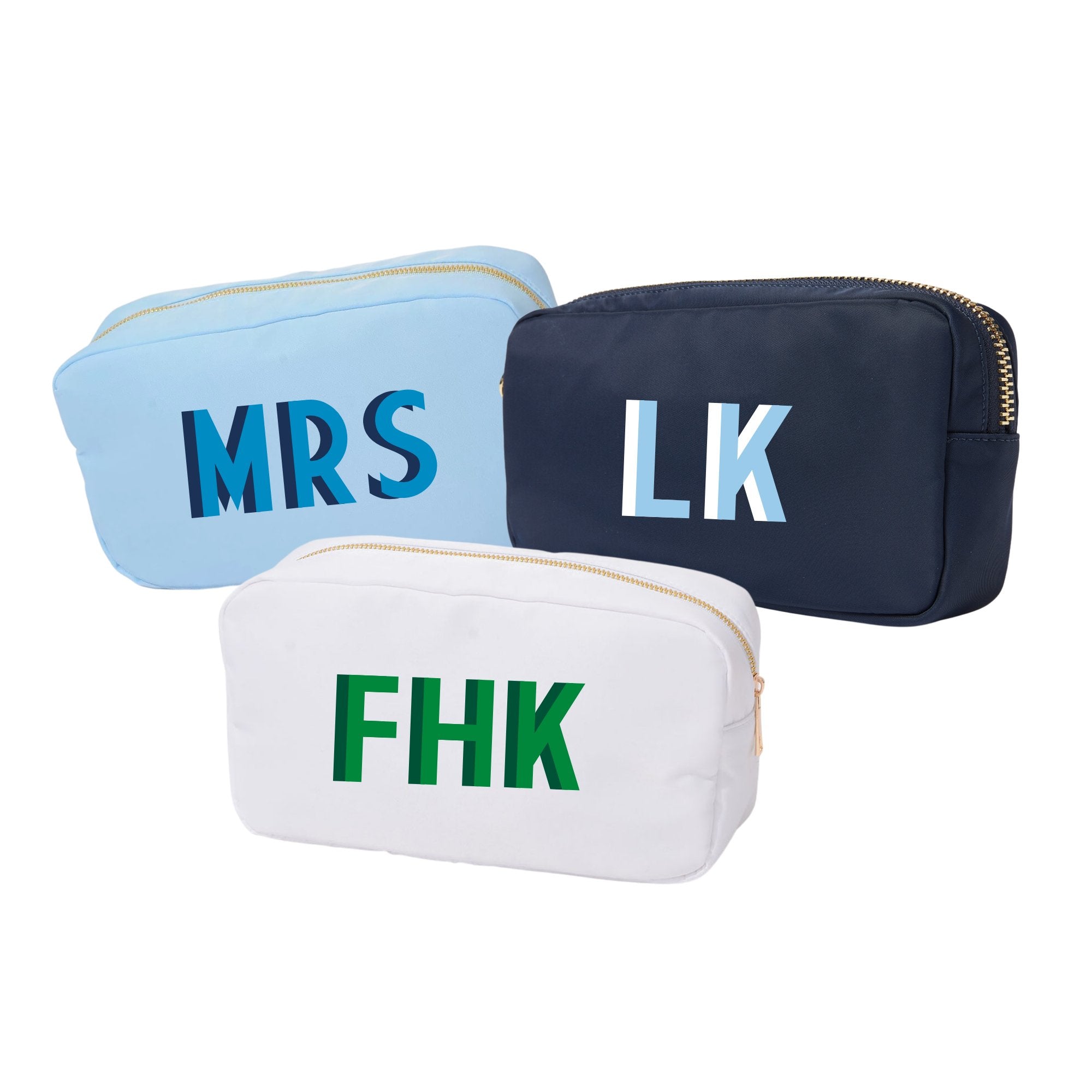 A group of a large nylon pouches are customized with monograms 