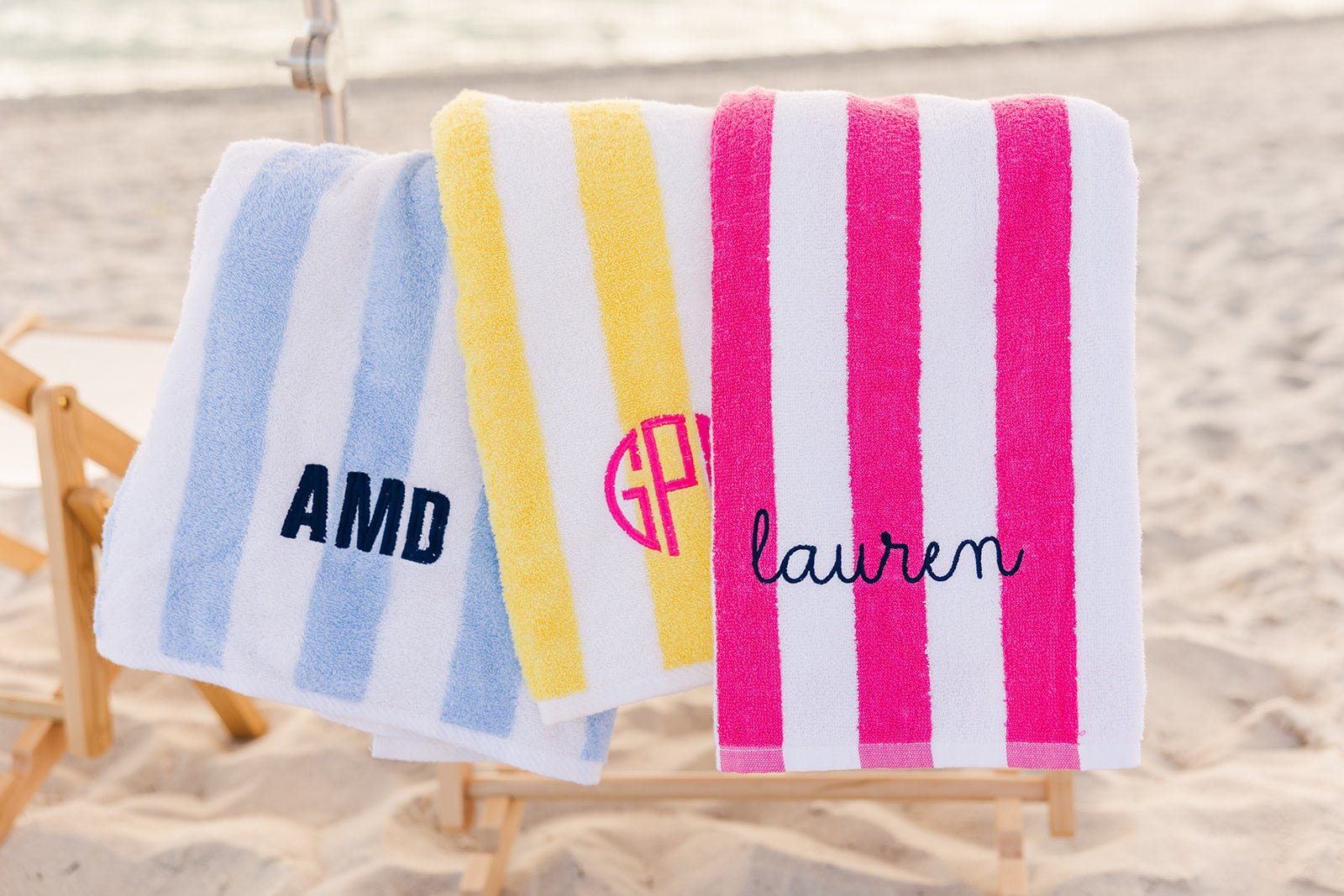 Striped Cabana Towel, Embroidered Monogram - Sprinkled With Pink #bachelorette #custom #gifts