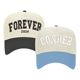 Image of two baseball caps with customized embroidery. The left cap has a cream crown with a black bill, embroidered with 'FOREVER 2024' in bold black letters. The right cap also has a cream crown but with a light blue bill, featuring 'CONDER 2025' in silver letters. Both caps have a structured design with adjustable snaps at the back, ideal for personalized events or milestones."
